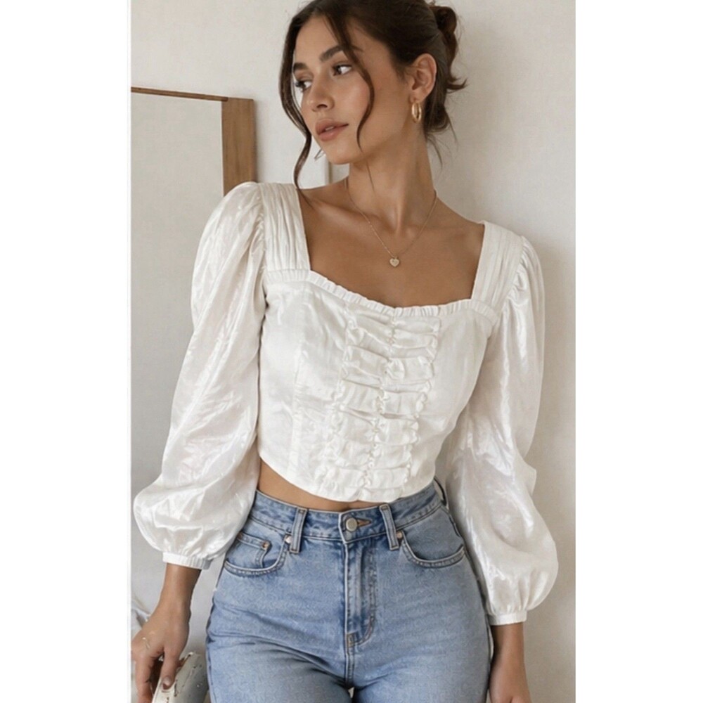 NILI Wen Cottagecore Milkmaid Blouse Puff Sleeve Ruffle Crop Top Ivory Zip Back